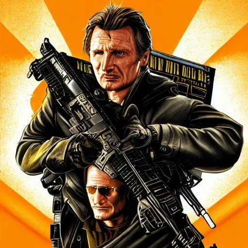 Prompt: liam neeson starring in cobra 8 0 s movie poster artwork, highly detailed, sharp focus, masterpiece, trending on artstation