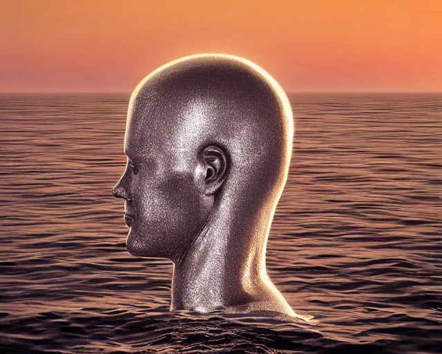 Prompt: a giant sculpture in the ocean of a human head, hyper - realistic, very detailed, realistic water, ray tracing, 8 k resolution, long - shot, sharp focus, low angle, 8 5 mm photograph, wide lens