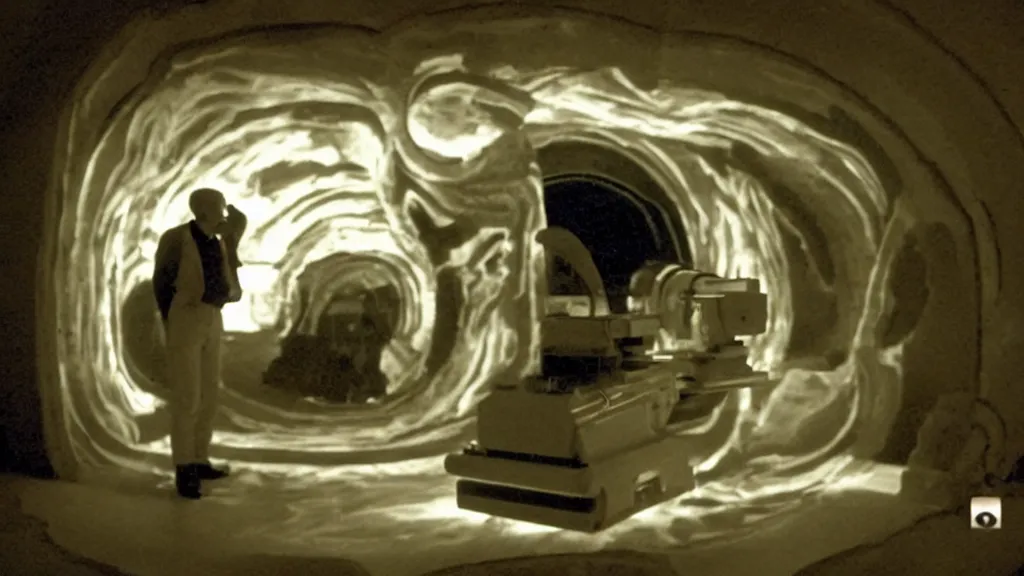 Image similar to an mri slice of james cavell in the living room, film still from the movie directed by denis villeneuve with art direction by salvador dali, wide lens