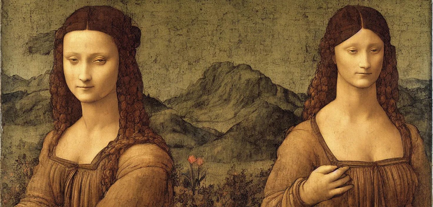 Image similar to a portrait of a woman painted by leonardo da vinci. the woman in the painting is shown seated with her hands folded in her lap. she is wearing a simple dress with a pattern of flowers. her hair is pulled back from her face and she has a small, faint smile. the background of the painting is a landscape of rolling hills and mountains.