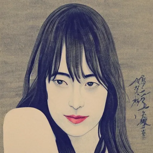 Prompt: “ dakota johnson portrait by ikenaga yasunari and ayana otake and ko rakusui, 6 0 s poster, drawing, realistic, sharp focus, japanese, dreamy, nostalgia, faded, golden hues, floral clothes, porcelain skin ”