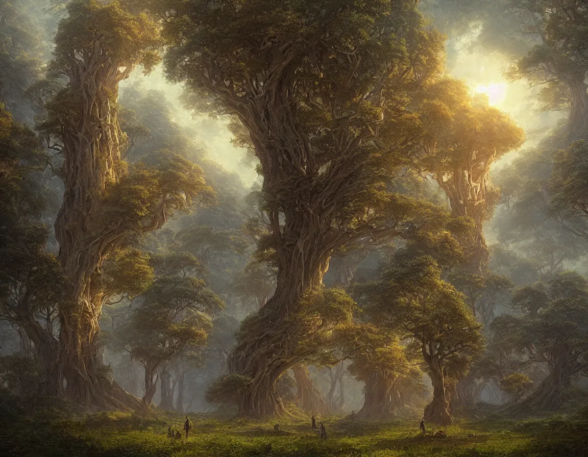 Image similar to hyper realistic detailed matte painting of tree of knowledge, hd, hdr, by moebius and john howe and albert bierstadt and alena aenami, ultra detailed, high resolution