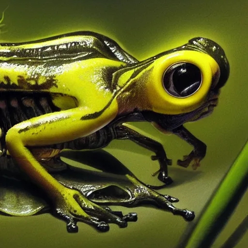 Prompt: yellow dart frog, xenomorph, jumping to a leaf, hunting a mosquito, by artist giger, concept art for movie, low saturated colors, extreme detail, 4 k, detailed concept art, realistic lighting, sharp focus, backlit