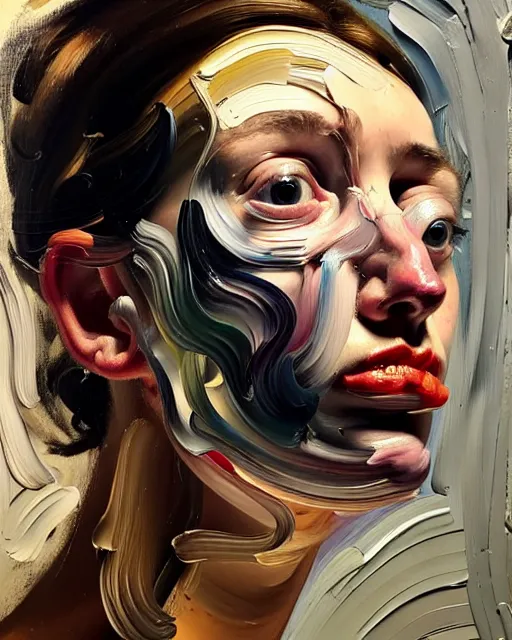 Image similar to a close up portrait a very ordinary young woman with a distracted expression, low angle, facing front, looking up, by Lucian Freud and Jenny Saville, oil painting, anatomically correct, beautiful perfect face, visible brushstrokes, sharp focus, Highly Detailed, Cinematic Lighting, 8k, HD