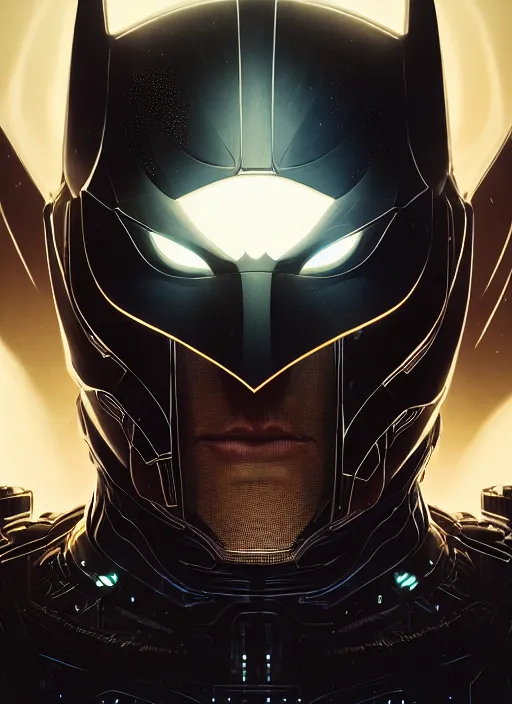 Image similar to Symmetry!! portrait of old Batman, sci-fi armour, tech wear, glowing lights!! sci-fi, intricate, elegant, highly detailed, digital painting, artstation, concept art, smooth, sharp focus, illustration, art by artgerm and greg rutkowski and alphonse mucha