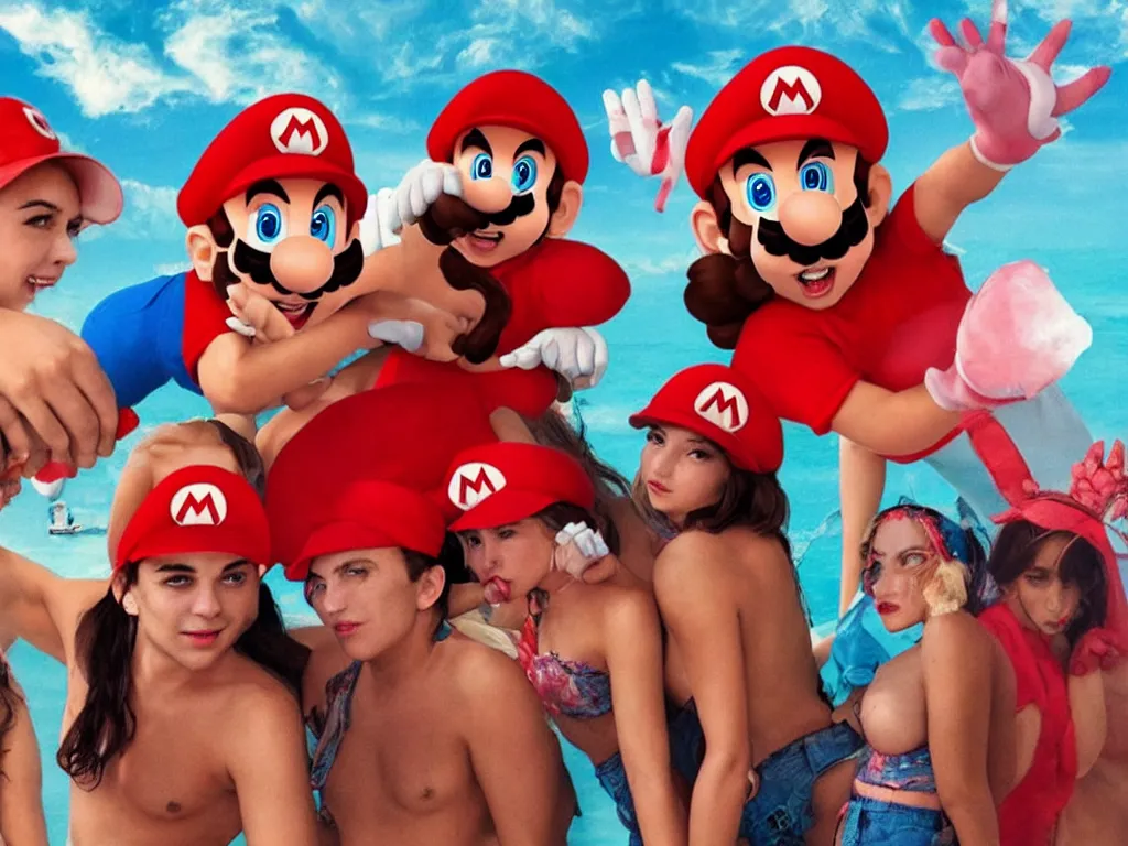 Prompt: Mario in a red hat in the style of Harmony Korine Spring Breakers film aesthetic!!!