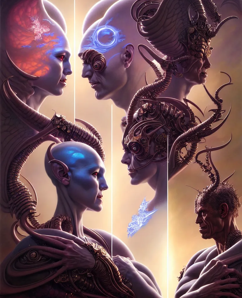 Image similar to beautiful gemini good and evil fantasy character portrait, ultra realistic, wide angle, intricate details, the fifth element artifacts, highly detailed by peter mohrbacher, hajime sorayama, wayne barlowe, boris vallejo, aaron horkey, gaston bussiere, craig mullins