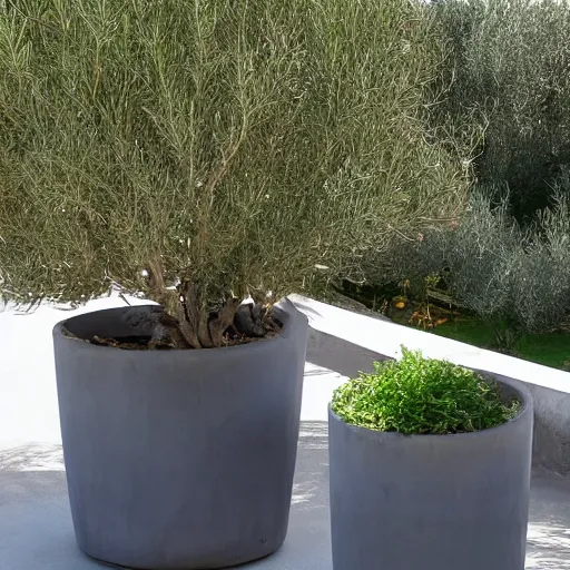 Prompt: large concrete pot on the rooftop, olive trees, comfortable for seating, wpc decking on the floor