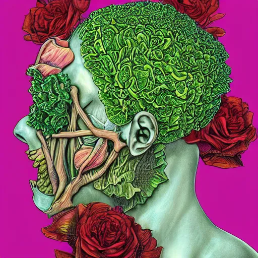 Image similar to the anatomy of a head of lettuce with roses, an ultrafine detailed painting by james jean, intricate linework, bright colors, final fantasy, behance contest winner, vanitas, angular, altermodern, unreal engine