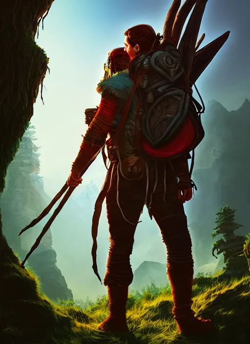 Prompt: an epic fantasy comic book style portrait painting of a fantasy explorer in the wilds with a backpack and map, unreal 5, daz, hyperrealistic, octane render, cosplay, rpg portrait, dynamic lighting