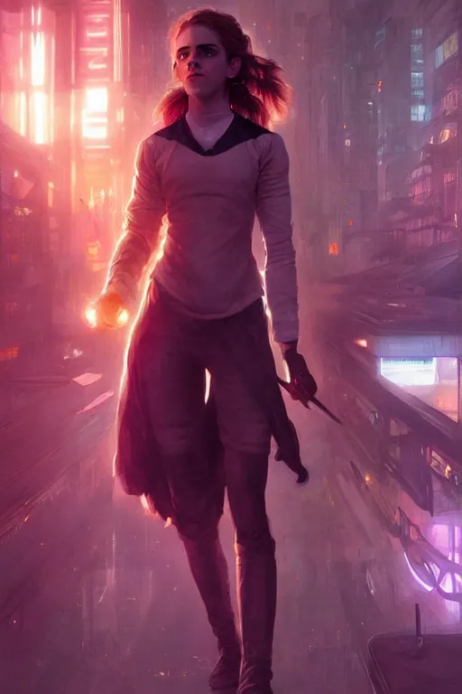 Image similar to portrait of cyborg Emma Watson as Hermione Granger in cyberpunk, neon lighting, night city, digital art from artstation by Ruan Jia and Mandy Jurgens and Artgerm and william-adolphe bouguereau and Greg Rutkowski and Wayne Barlowe
