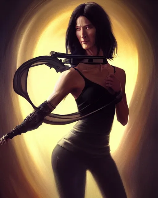 Image similar to female john wick wearing black halter top, perfect face, black hair, abs, cinematic, stunning, athletic, strong, agile, highly detailed, psychedelic, digital painting, artstation, smooth, hard focus, illustration, art by jessica rossier and and brian froud