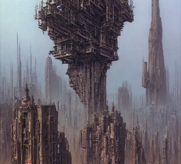 Prompt: gigantic mechanic megastructure tower in center, gothic, warhammer, steampunk, highly detailed, artstation, art by zdislav beksinski and wayne barlowe