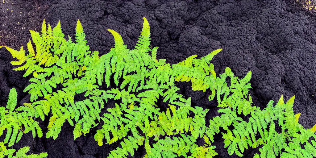 Image similar to old black volcanic lava meets the new bright orange lava on the edge, bright green fern leaves growing through the lava, aerial photo