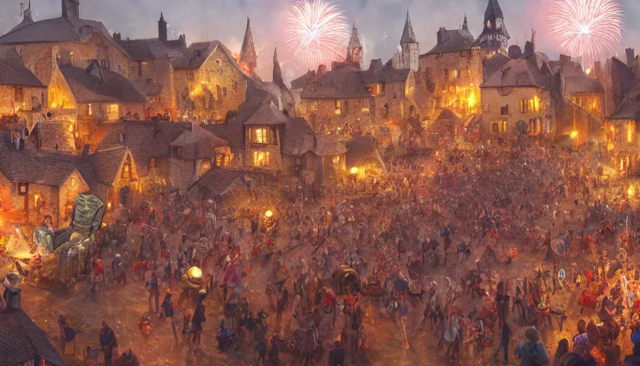 Prompt: Small cute medieval village with people celebrating with a brass band, dancing and fireworks at night, color lights, hyperdetailed, artstation, cgsociety, 8k