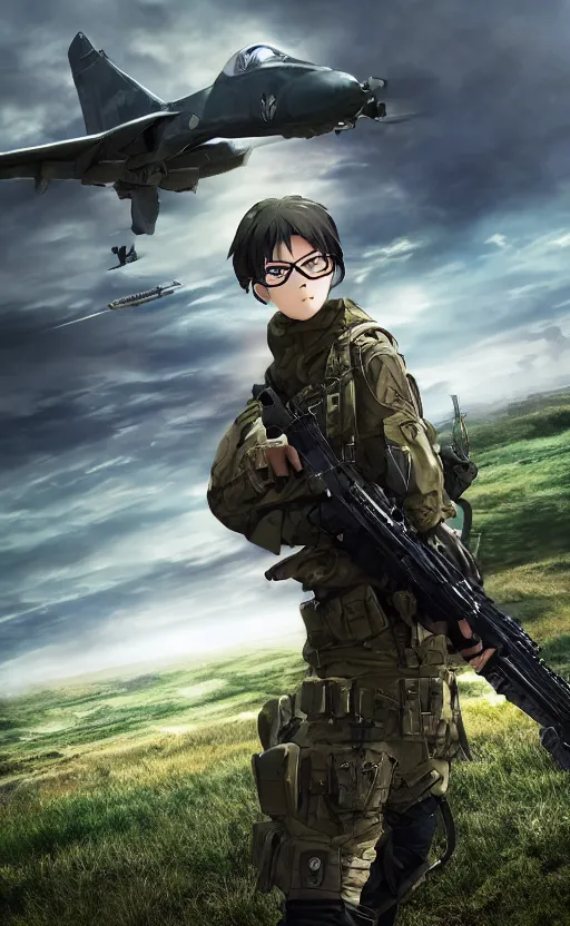 Prompt: girl, trading card front, future soldier clothing, future combat gear, realistic anatomy, war photo, professional, by ufotable anime studio, green screen, volumetric lights, stunning, military camp in the background, metal hard surfaces, real face, reading glasses, strafing attack plane