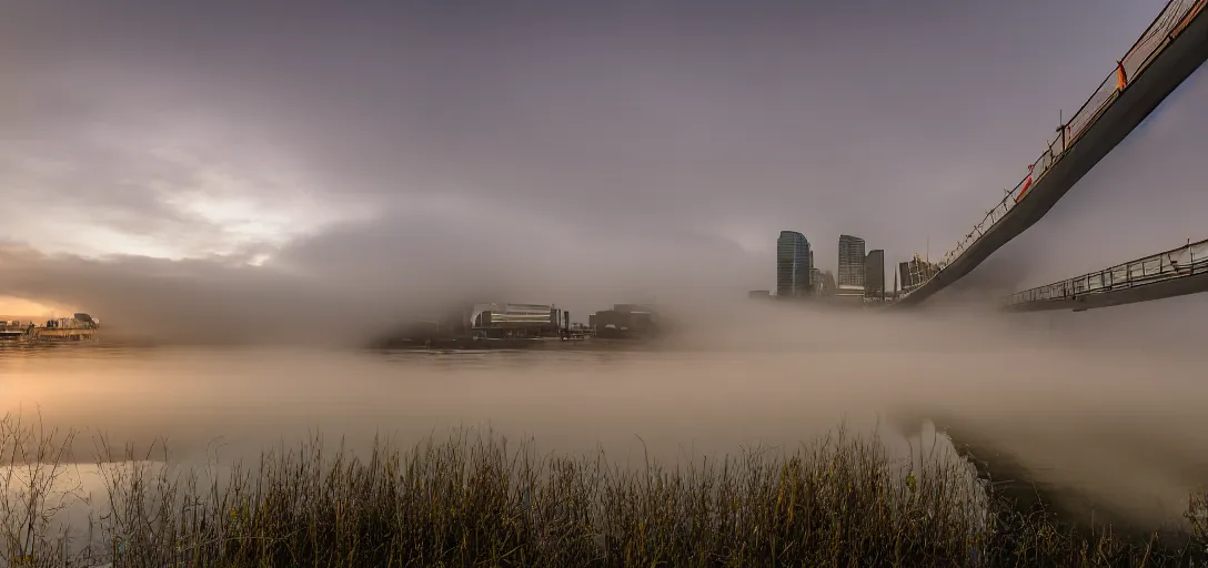 Prompt: low-angle photo of city of Edmonton Alberta, boat sailing underneath Walterdale bridge, fog, volumetric light, specular highlights on water, dusk, sigma 24mm f8
