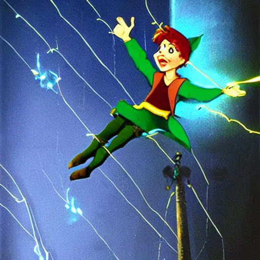 Prompt: Peter Pan caught in high voltage lines with sparks