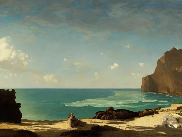 Image similar to an oil painting of a coastline with white cliffs and a calm ocean vista by moebius carl spitzweg and tuomas korpi. baroque elements, full-length view. baroque element. intricate artwork by caravaggio. Trending on artstation. 8k