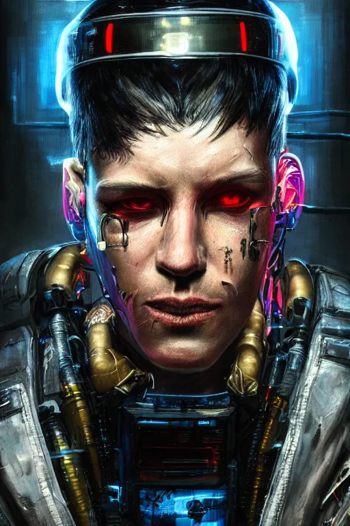 Prompt: illustration of an male cyberpunk character wearing bionic implants, criminal mugshot, gritty, gritty, highly detailed, oil on canvas, soft lighting, neon pastel colors, by WLOP and Greg Staples, HD, 4K
