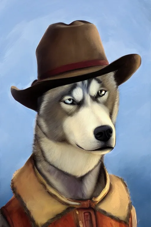 Image similar to a portrait painting of a husky in cowboy costume, wearing a cowboy hat, by studio ghibli, [ western film ], humanoid, personify, anthropomorphic, trending on artstation