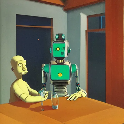Prompt: a futurama-robot having a drink with his best friend Phillip Fry by Raphael, Hopper, and Rene Magritte. detailed, romantic, enchanting, trending on artstation.