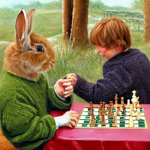 Prompt: two rabbits drinking tea and playing chess. Painting of rabbits in sweaters by James Gurney.