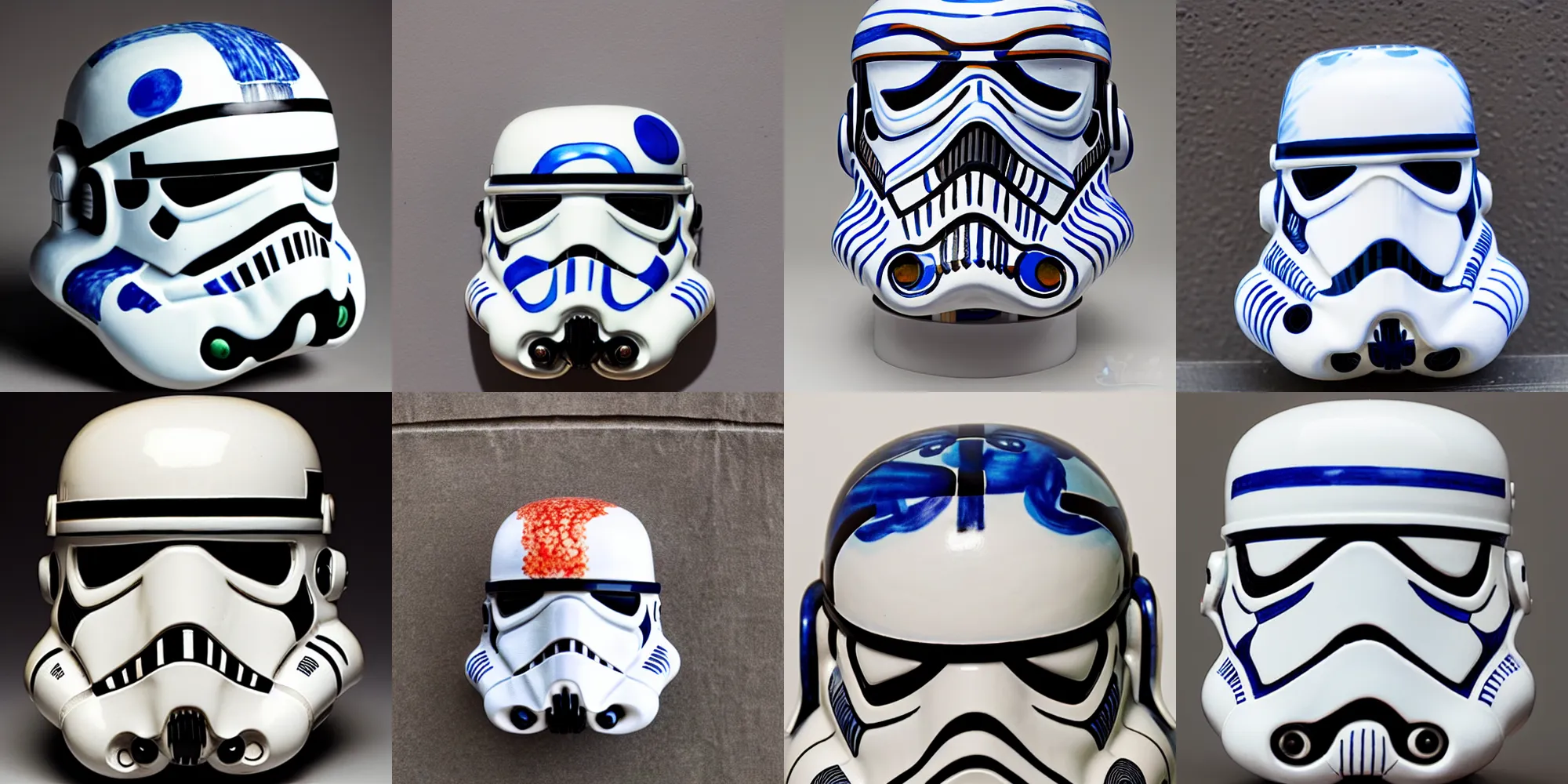 Prompt: a stormtrooper head with painted durch ceramics, art pottery, delftware, by james jean