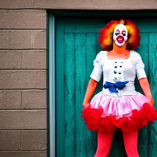 Prompt: clown girl standing in the doorway