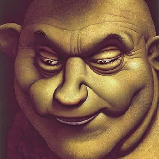 Image similar to An airbrush caricature of Shrek, painting by Leonardo Da Vinci , oil painting