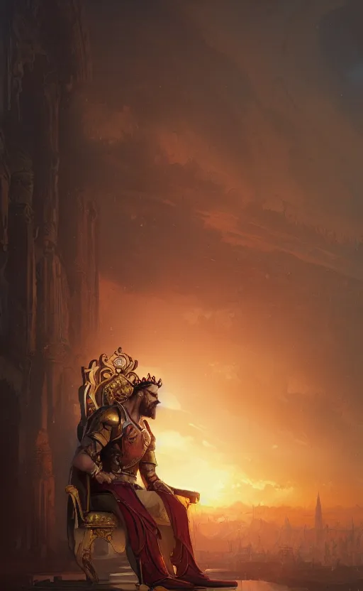 Image similar to a beautiful artwork illustration, a king sitting on his throne in a grand hall at sunset, by greg rutkowski and jesper ejsing and raymond swanland, featured on artstation, wide angle, vertical orientation