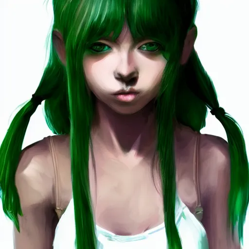 Prompt: artstation young girl with green eyes and pigtails her head in fury, full body, very detailed, , portrait, high contrast