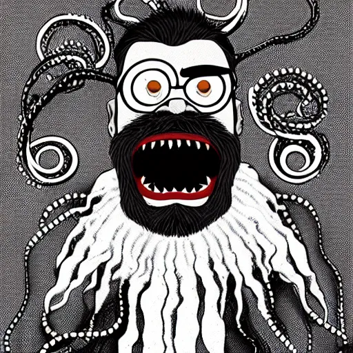 Image similar to bearded man with living teeth and tentacles in the style of the horror film The Thing 1982
