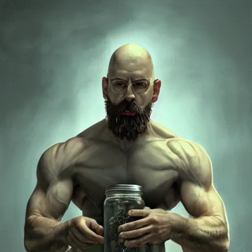 Image similar to Epic portrait, muscular man with basic clothes trying to open a jar of pickles, bald, bearded, scary, digital painting, artstation, concept art, soft light, hdri, smooth, sharp focus, illustration, fantasy, intricate, elegant, highly detailed, D&D, matte painting, in the style of Greg Rutkowski and Alphonse Mucha and artemisia, 8k,