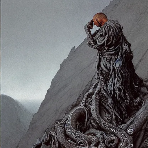 Image similar to A detailed gray-eyed tentacleheaded Putin stands among the mountains with a pebble in hands. Wearing a ripped mantle, robe. Extremely high details, realistic, fantasy art, solo, masterpiece, art by Zdzisław Beksiński, Arthur Rackham, Dariusz Zawadzki