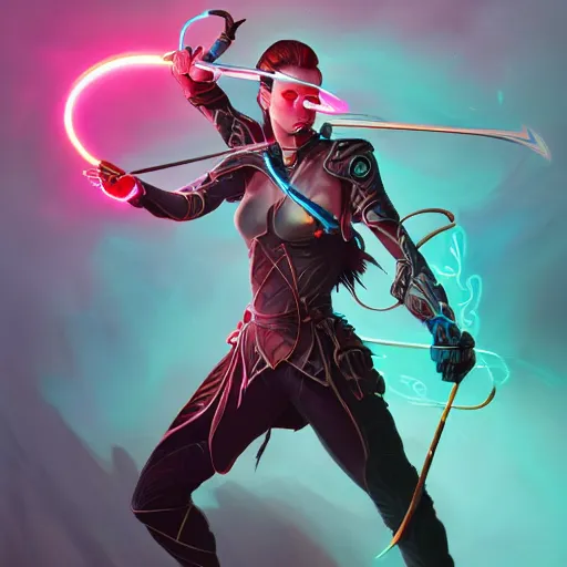 Image similar to action portrait of an astonishing beautiful futuristic archer, glowing neon bow, dungeons and dragons character concept style, realistic, anatomically correct, artgerm and peter mohrbacher style, 4k