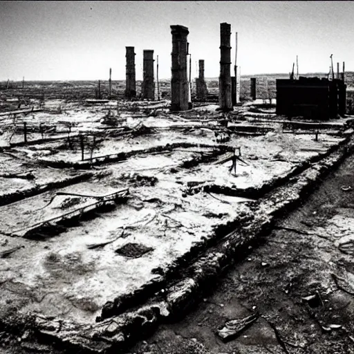 Image similar to barren city, nuclear wasteland, Fallout aesthetic, Anselm Kiefer