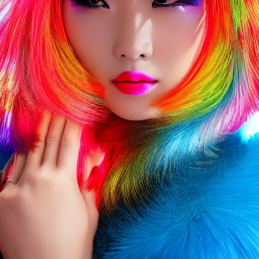 Image similar to japanese model with maximalist hair style and makeup, bright colors, fashion model, portrait shot, gliter, depth of field, 8 k, hyper detailed, intricate, trending on artstation