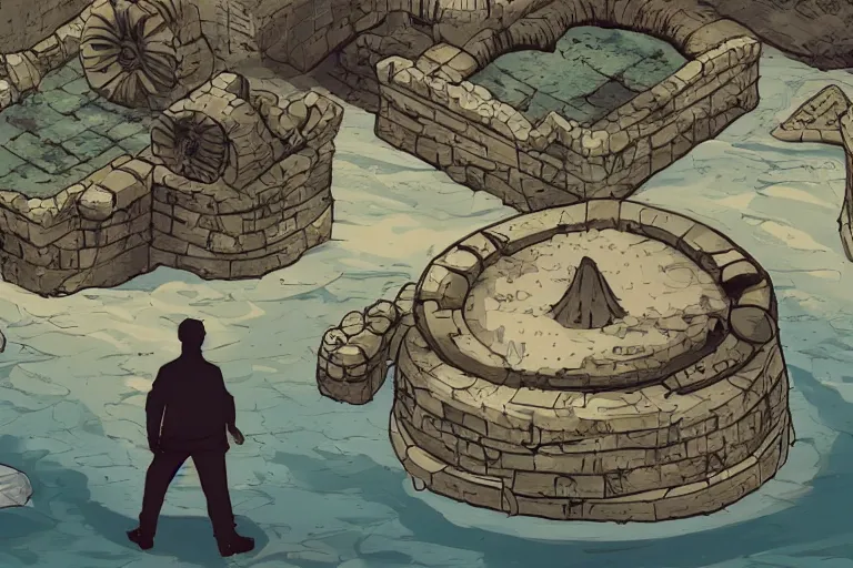 Prompt: a baffled man standing watching over a land outside of time and space with floating sands and flying beasts with a Fort ruins in the middle, water tunnels below, comic book style