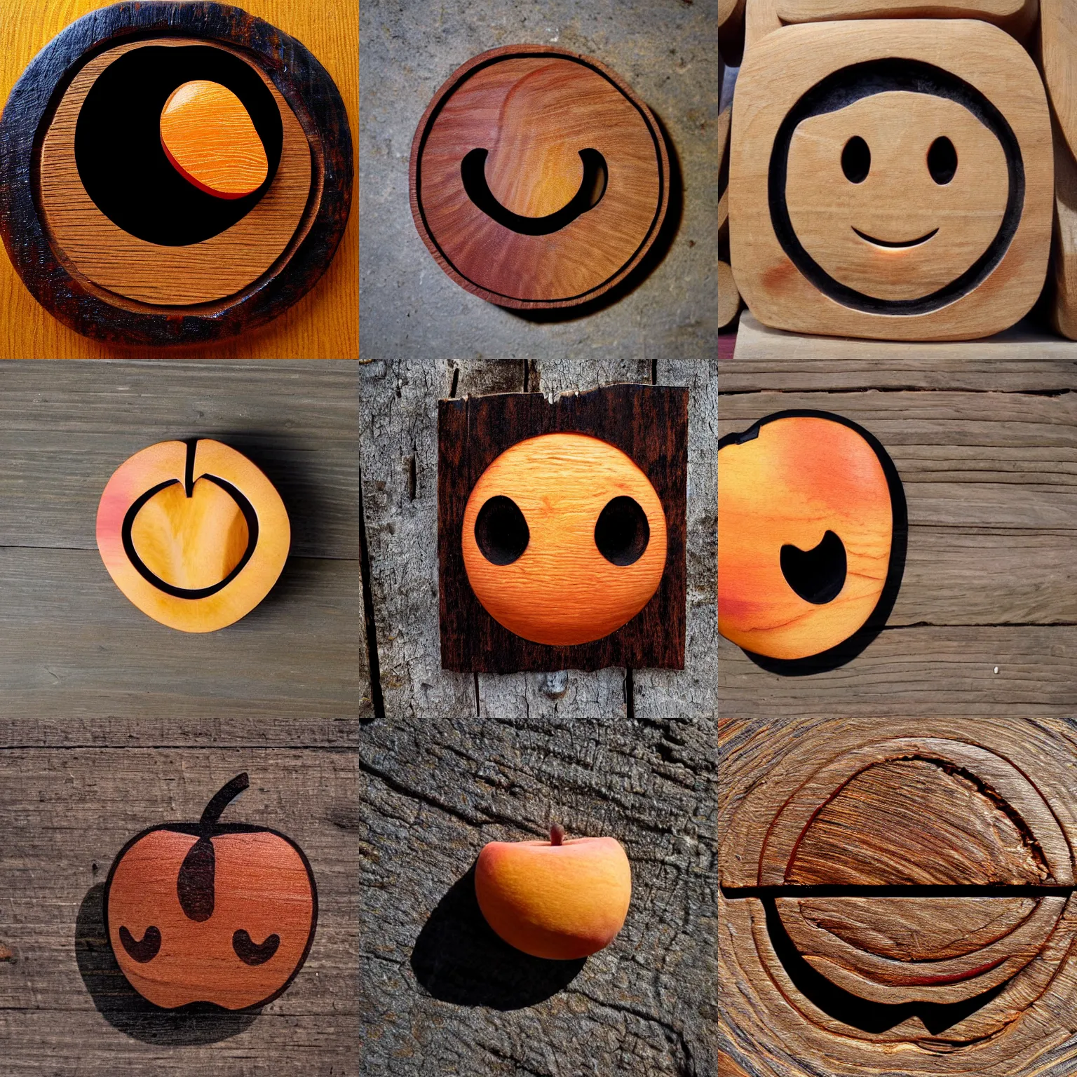 Prompt: wood carving of the peach emoji, charred, high resolution, rustic