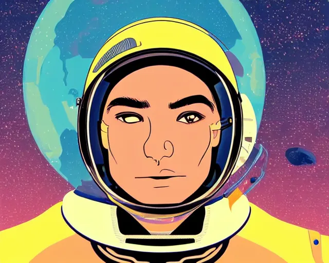 Image similar to a headshot head shot portrait of Alain Delon pilot in spacesuit on field forrest spaceship station landing laying lake artillery outer worlds shadows in FANTASTIC PLANET La planète sauvage animation by René Laloux