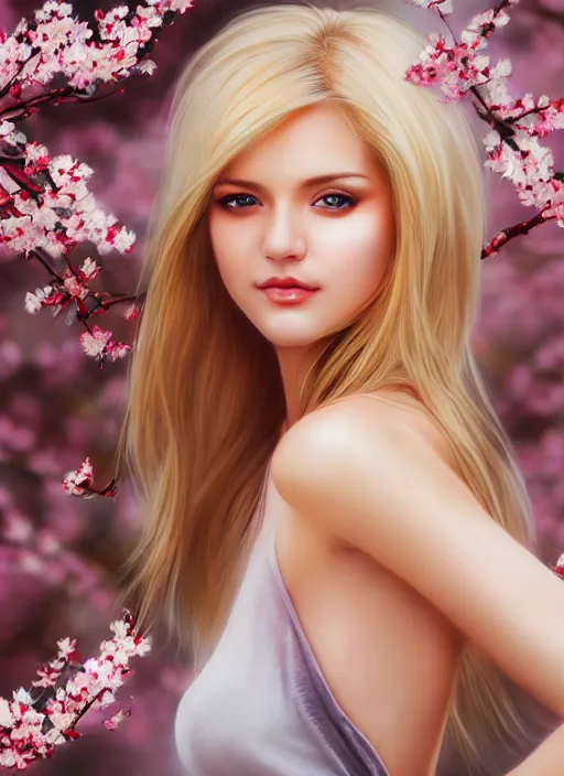 Image similar to photo of a gorgeous blonde female in the style of stefan kostic, realistic, half body shot, sharp focus, 8 k high definition, insanely detailed, intricate, elegant, art by stanley lau and artgerm, extreme blur cherry blossoms background