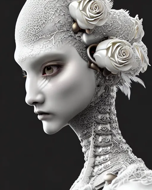 Image similar to bw dreamy close - up profile face, beautiful young porcelain intricate steampunk bio - mechanical vegetal - dragon - cyborg - female, white roses ornate metallic armour, white fluffy feathers, fine mandelbrot fractal lace, 1 5 0 mm, soft rim light, elegant, hyper real, ultra detailed, octane render, hg giger, 1 6 k