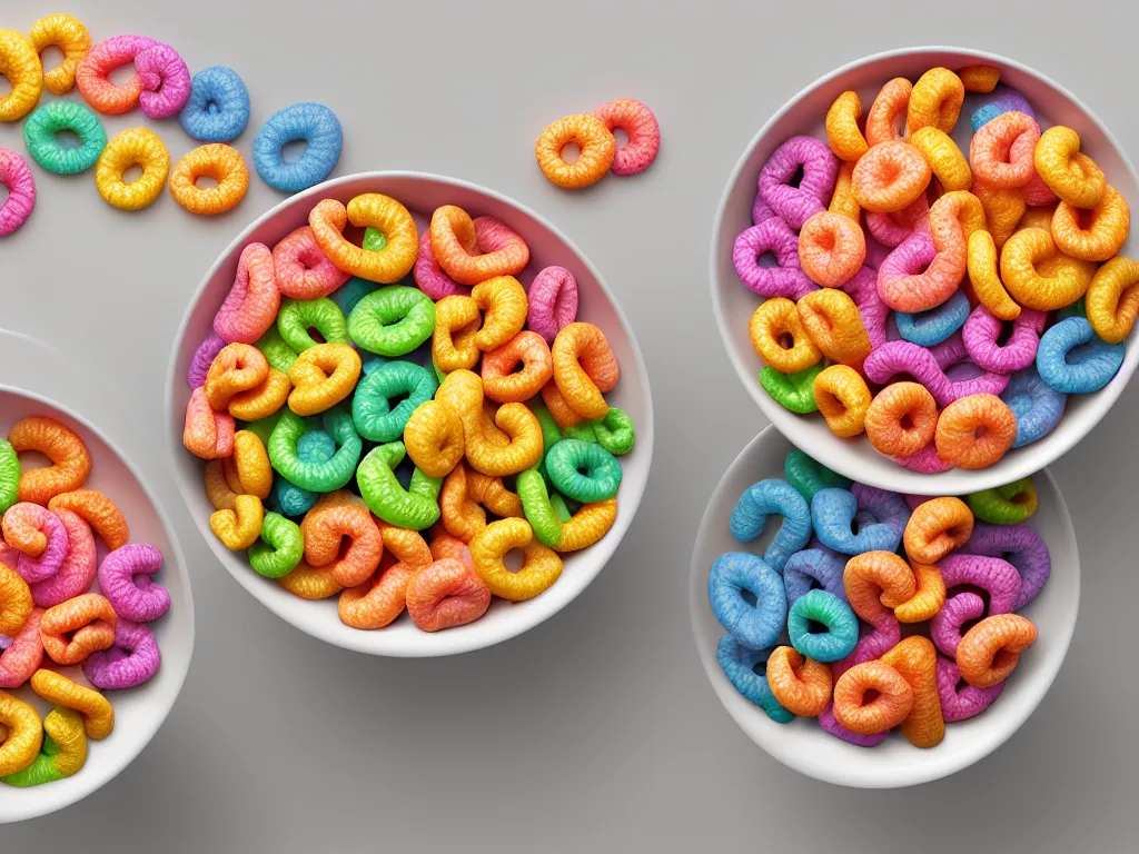 Image similar to bowl of fruit loops in milk, high realism, crunchy, glossy, high detail, stylized, pixar, substance painter, octane render