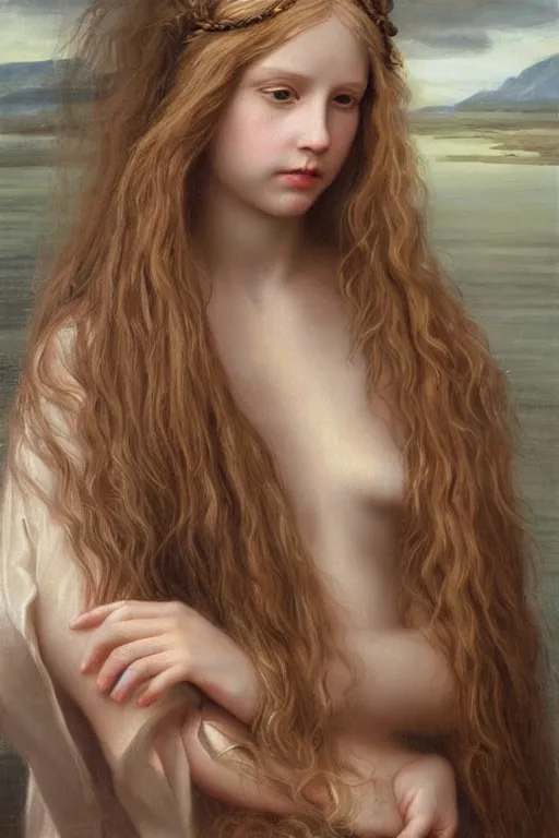 Prompt: hyperrealism close-up portrait of thousand hands touching beautiful medieval female goddess with long hair,, pale skin, wearing dark silk, in style of classicism