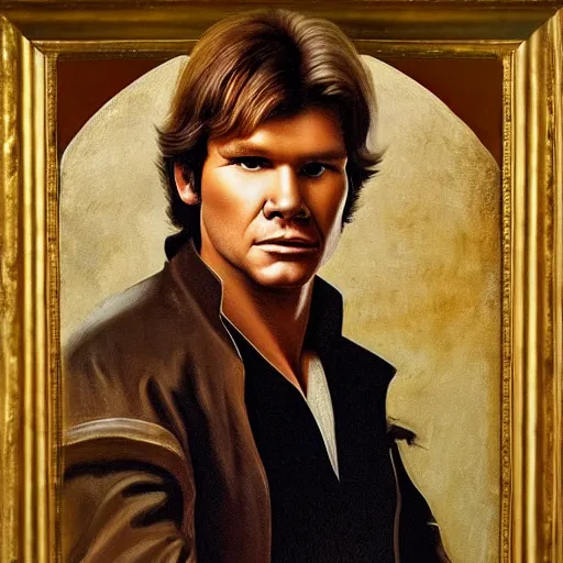 Image similar to a portrait painting of han solo from star wars in a renaissance style hanging in the louvre