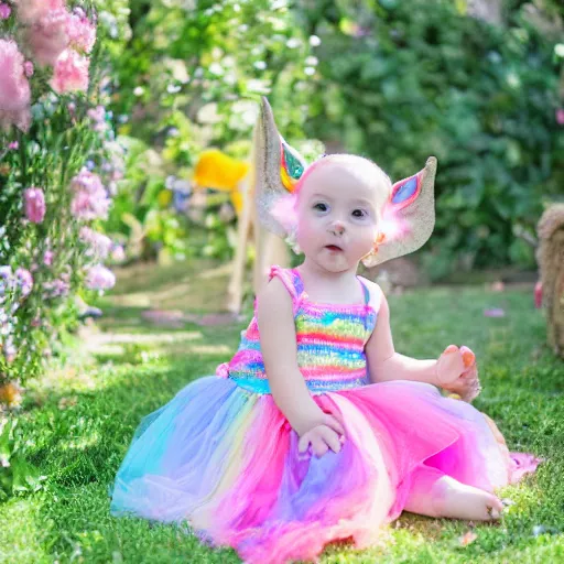 Prompt: Baby girl with unicorn and rainbow clothes sitting in a garden
