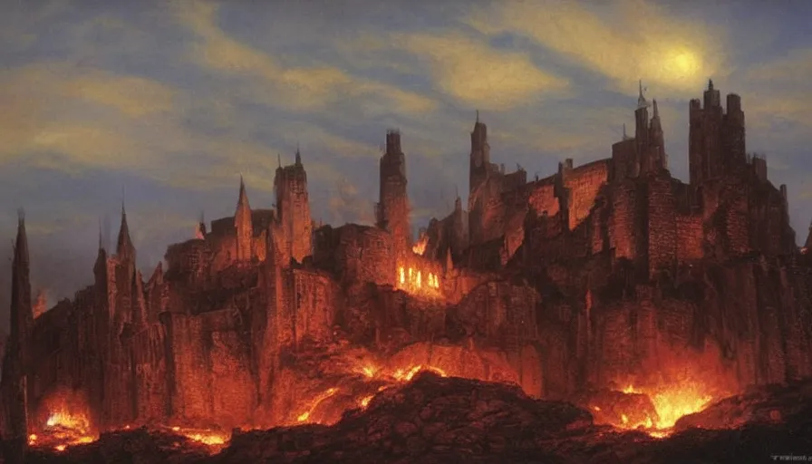 Image similar to a medieval fantasy white fortress burning on a hill by night, ted nasmith, great composition, lighting, chiaroscuro