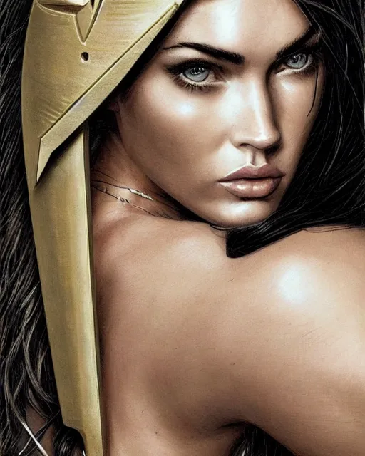 Image similar to portrait of beautiful megan fox as greek goddess aphrodite, archer, arrow on the head, beautiful piercing eyes, flowing blonde hair, realistic face, black and white drawing, in the style of greg rutkowski, fantasy, amazing detail, epic, intricate, elegant, smooth, sharp focus