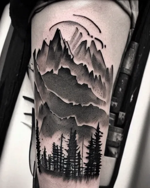 Image similar to creative double exposure effect tattoo design sketch of megan fox faded with beautiful mountain scenery, realism tattoo, in the style of matteo pasqualin, amazing detail, sharp